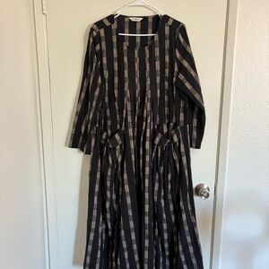 BUYKUD Women Plaid Pockets Loose O-Neck Maxi Linen and Cotton Dress One Size